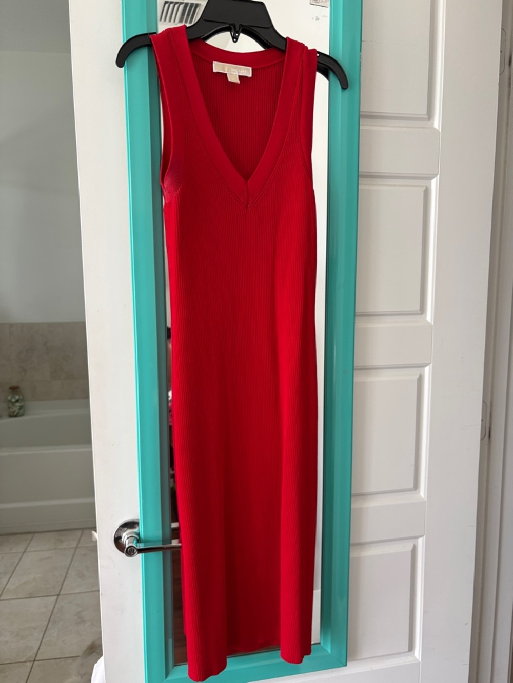 Michael Kors Vibrant Red Ribbed V-Neck Midi Dress